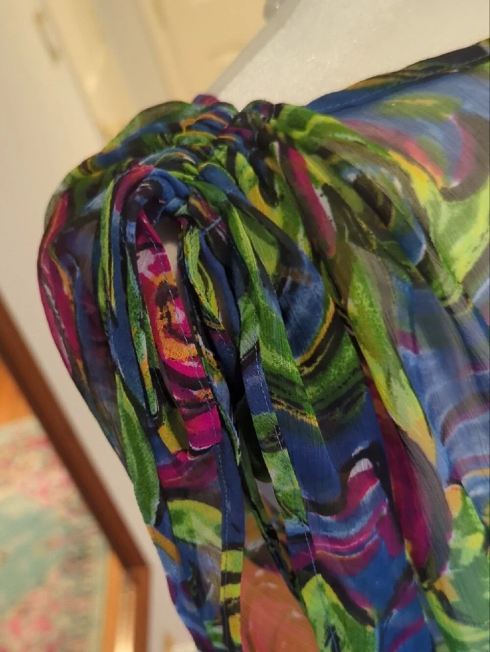 Sheer Floral V-Neck Swim Coverup in Blue & Green